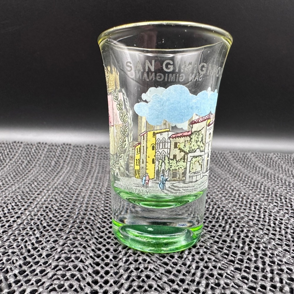 Vintage San Gimignano Italy Souvenir Shot Glass Green Base Medieval Towers Lion